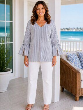 Hilary Radley Womens L Blue White Pinstripe Blouse V Neck Bell Sleeve Ruffle Top